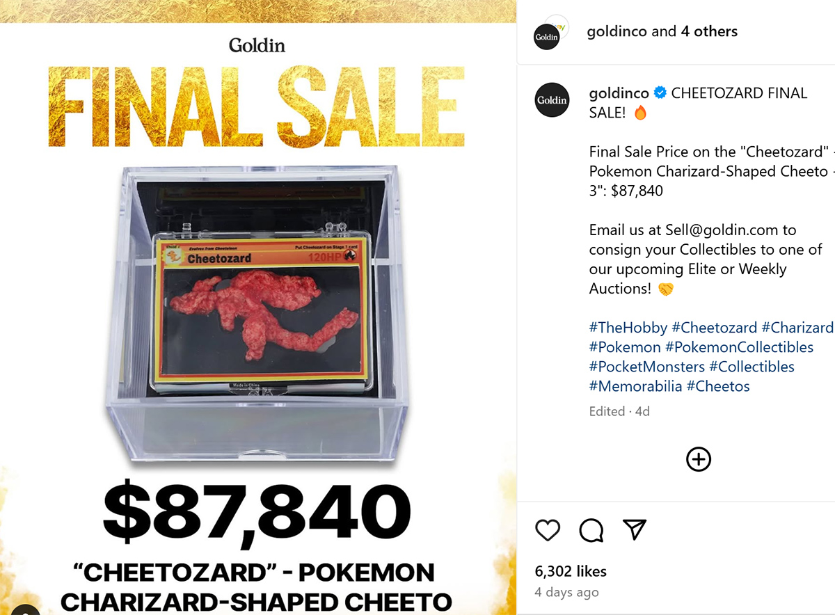 A Cheeto shaped like the beloved Pokémon Charizard is auctioned for $87,840